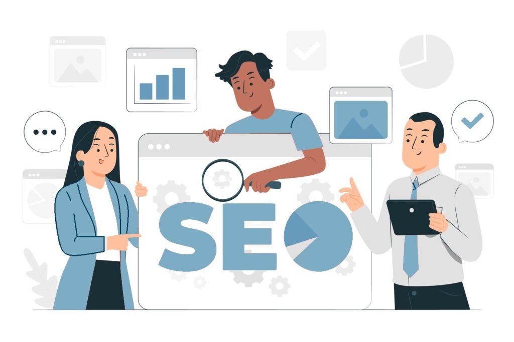 SEO dargestellt mit einem schwebenden Bildschirm, an dem mehrere Menschen arbeiten.